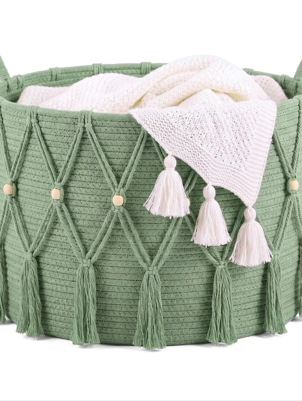 Boho Blanket Basket Sage Green with Tassel And Macrame Accents